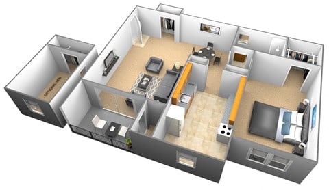 Floor plan for 1 bed, 1 bath, 942 sqft